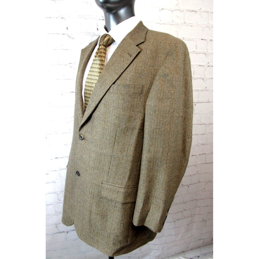 Oscar de la Renta Sport Coat Beige Herringbone Stripe Lambswool Tweed Size 44L